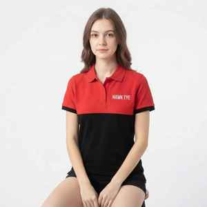 <b>Women's</b> Color Blocked <b>Polo</b> <b>Shirt</b> Short Sleeve Breathable Casual Woven 100 Cotton Red <b>Black</b> Front Logo - Product Image 3