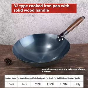 Wok de Hierro Fundido Tipo 32cm con Mango de Madera, Sin Recubrimiento, Fondo Redondo, Capacidad de 18L, Exterior Pulido para Cocina de Gas e Inducción - Product Image 1