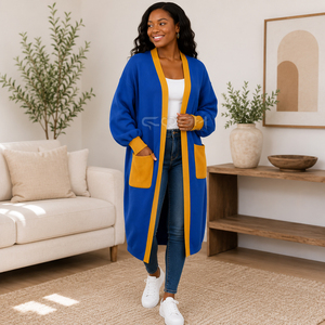 Cosh International Sorority Acrylic Cardigan Azul con Bolsillos en Contraste Amarillo, Manga Globo, Cuello Redondo, Ropa Casual - Product Image 3