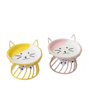 Whisker Fatigue Elevated Cat Bowls, Anti-Vomit Ceramic Raised Cat Food Bowls for Indoor Cats