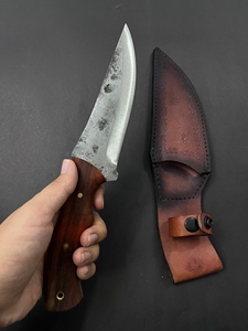 Hunting Knife Forged Steel Fixed Blade Partially Serrated <b>Edge</b> Paddock Wood Handle Leather Sheath for Outdoor Camping - Product Image 2
