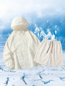 Unisex White Hooded Windbreaker <b>Jacket</b> and Shorts Set Lightweight Oversized Summer Outfit Solid Color Polyester Two Piece - Product Image 5