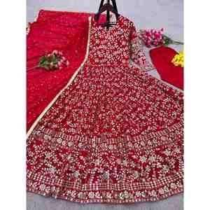 DISEÑADOR GEORGETTE BORDADO SECUENCIA TRABAJO VESTIDO INFERIOR CON DUPATTA ROJO - Product Image 5