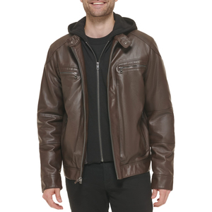 Top Trendy Premium Men's Brown PU Leather Hooded Moto <b>Jacket</b> <b>with</b> <b>Zipper</b> Closure and <b>Pockets</b> Breathable Eco-Friendly - Product Image 6
