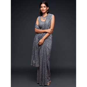 Amazing <b>Slate</b> Grey Sequined Georgette Party Wear Saree - Product Image 4