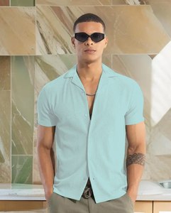 Mens Corduroy Camp Collar <b>Shirt</b> With Short Sleeves Solid Texture <b>Button</b> Front Regular Cut Travel Resort Casual Summer Outfit - Product Image 2