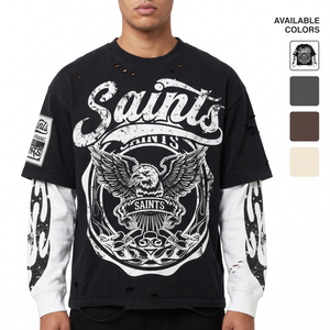 T-shirt graphique vintage pour homme, style streetwear, effet usé, en coton épais, faux deux pièces superposées, manches longues, taille 2XL - Product Image 1