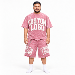 Oversized <b>Men</b> Rhinestone <b>T</b> <b>Shirt</b> <b>and</b> <b>Shorts</b> Set Custom Puff Print Logo Distressed Streetwear Matching Two Piece Wholesale OEM - Product Image 4
