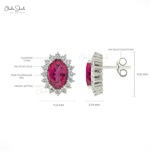 Boucles d'oreilles clous ovales 6x4 mm en tourmaline rose de haute qualité, pierre de naissance d'octobre, avec halo de diamants en or blanc véritable 14 carats, à prix avantageux - Product Image 2