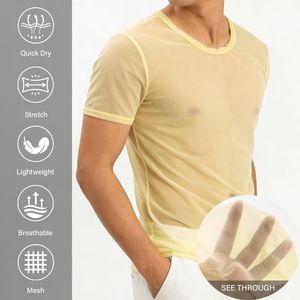 Chemises décontractées transparentes pour hommes, en maille fine, à manches courtes, col rond, légères et tendance - Product Image 3