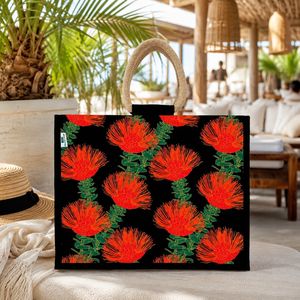 Bolsa de Yute Negra con Estampado Floral, Asa de Bambú, Multicolor, Reutilizable, para Playa o Compras, con Logotipo Personalizado, Proveedor OEM, Venta al Por Mayor - Product Image 6