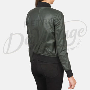 Women Dark Green Real <b>Leather</b> Bomber <b>Jacket</b> Slim Fit MA1 Style Premium Sheepskin Casual Winter Varsity Outerwear - Product Image 2