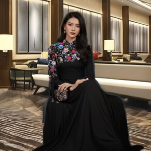 Free Size Vintage <b>Silk</b> Beaded Floral A-Line <b>Dress</b> Full-Length Formal Party Sheath Long Sleeves Natural Waistline Washable <b>Maxi</b> - Product Image 4