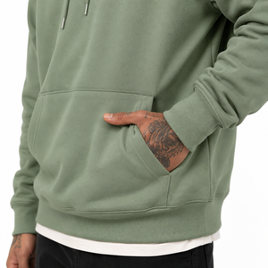 เสื้อฮู้ดดี้โอเวอร์ไซส์สีเขียวเซจสำหรับผู้ชายแบบสั่งทำพิเศษ พร้อมกระเป๋าจิงโจ้และเชือกปรับได้ ขายส่งเสื้อผ้าสตรีทแวร์แบบ OEM - Product Image 6