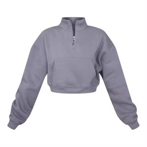 Sudadera con capucha de diseño casual para mujer, con cremallera, de algodón, de felpa francesa, con abertura, estilo crop, lisa, personalizada - Product Image 1