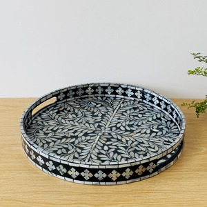 Plateau de service rond en nacre noire avec incrustation florale en bois laqué, plateau décoratif en nacre, plateau ottoman, plateau à café - Product Image 4