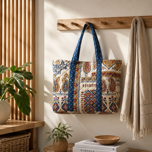 Ethnic Quilted Striped 100% Cotton Large <b>Size</b> Tote <b>Bag</b> with Long Handle and Shopping Use From Rajasthan - Product Image 2