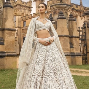 Designer Traditional White Georgette <b>Lehenga</b> Choli Sequin Embroidered Dupatta <b>Women</b> Summer Winter Wedding Party Diwali Quick Dry - Product Image 2