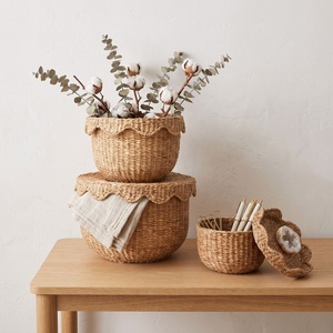 Natural Seagrass Storage <b>Baskets</b>, Set of 3 Scallop Edge With Bowl Shape <b>Stackable</b> Eco-Friendly Home Decoration Rustic Style - Product Image 1