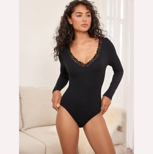 Maillot de bain une pièce pour femme, col en V profond, manches longues, couleur unie, bordure en dentelle, tricoté extensible, logo frontal, respirant - Product Image 4