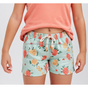 Short fille décontracté confortable taille haute élastique avec bouton décoration solide motifs personnalisés coton sergé tissé tissu enfants - Product Image 1