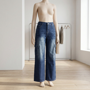 Women's <b>High</b> <b>Waist</b> Stonewashed Denim <b>Cargo</b> Pants Loose Fit Knee Length Casual Style Solid Color Cotton Fabric - Product Image 4