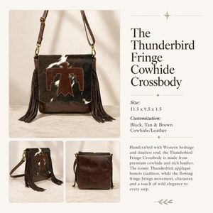 Bolso bandolera de cuero con flecos y pelo de vaca, estilo occidental para mujer. |   Bolso de Hombro con Apliques Thunderbird |   Exportación de India - Product Image 5