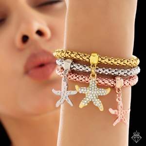 Prao สร้อยข้อมือคริสตัลรูปปลาดาวสามโทนป้องกันการเสื่อมเสีย, กำไลข้อมือโซ่ป๊อปคอร์นแบบยืดได้เครื่องประดับแฟชั่น - Product Image 4