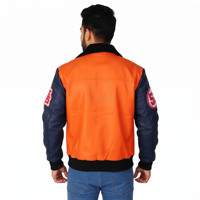Veste universitaire d'hiver unisexe coupe-vent en cuir véritable noir et orange avec patch chenille personnalisé KVJ114