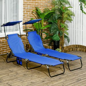 Set di 2 Chaise Longue da Piscina con Telaio in Alluminio e Corda Intrecciata, con Parasole e Schienale Reclinabile, Blu - Product Image 2