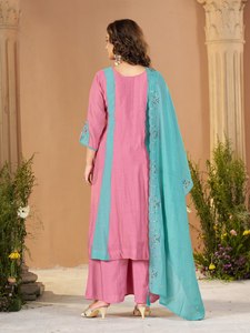 Conjunto de Salwar Kameez y Palazzo para Mujer, Color Rosa Turquesa, Bordado, en Tela Chanderi, con Dupatta, Ropa Étnica Tradicional, Sin Arrugas - Product Image 5