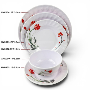 Pigmented <b>Melamine</b> Dinnerware Set with Red Floral Design Asian Zen Style Dishwasher Safe Deep Plates <b>Bowl</b> Party - Product Image 1