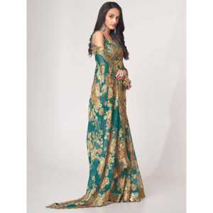 Magnifique Saree classique à imprimé floral bleu saree avec chemisier Matériaux d'emballage en organza - Product Image 6