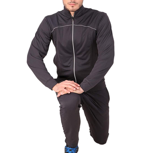 Men's Dark Gray Full Zip <b>Tracksuit</b> Set Solid Color Sporty Style Quick Dry Polyester Long Sleeve Pants With Side Pockets - Product Image 5