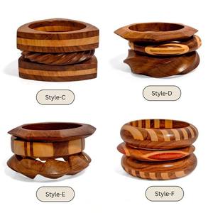 Handmade Carved Wood <b>Bangle</b> <b>Set</b> Artisanal Inlay Art Sisso Sheesham & Saffron Teak Hexagonal & Inlaid Designs Satin Polish - Product Image 3