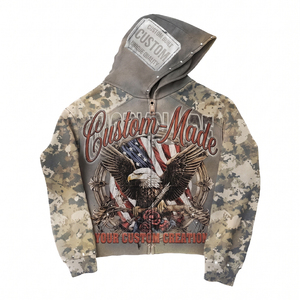 Sweats à capuche personnalisés streetwear pour hommes, sweats à capuche oversize épais à fermeture éclair, sweats à capuche en molleton délavé avec empiècements camouflage et strass - Product Image 1