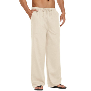 Pantalon décontracté pour homme en coton beige avec cordon de serrage, taille élastique, léger, pour l'été, avec poches latérales, tissé uni - Product Image 3