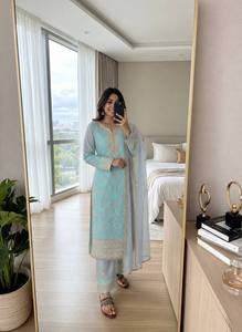 Women Traditional Salwar Kameez Light Blue Gold Embroidery Floor Length Silk Wedding Wear India Pakistan Ethnic <b>Dress</b> - Product Image 3