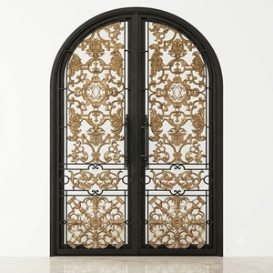 A rust-resistant, manually operated traditional wrought-iron double door set, featuring an arched design and intricate patterns. - Product Image 1
