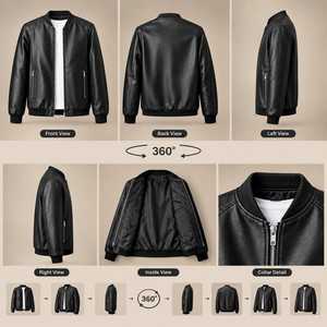 Blouson bomber en cuir PU noir pour homme, col montant, fermeture éclair, style décontracté, veste de motard, automne - Product Image 5