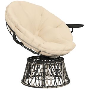 Fauteuil Papasan d'extérieur pivotant à 360 degrés avec coussin beige et plateau latéral - Product Image 1