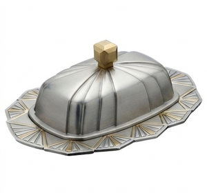 Beurrier en acier inoxydable avec couvercle, design vintage, métal poli, motif incrusté d'or, vaisselle de cuisine pour les fêtes - Product Image 2
