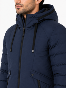 Veste matelassée à capuche bleu marine pour homme avec fermeture éclair intégrale, manteau d'hiver rembourré et isolé, décontracté - Product Image 4