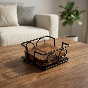 <b>Walnut</b> Wood Coasters Set of 4 Square Wooden Drink Coasters with Metal Holder Handmade <b>Table</b> Decor Wooden Coaster For Tea <b>Coffee</b> - Product Image 1