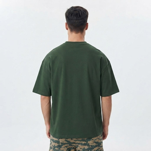 T-shirt en jersey de coton vert uni surdimensionné pour homme, décontracté, col rond, manches courtes, basique - Product Image 2