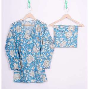 Conjunto de Pijama para Mujer, Estampado Azul, Cintura Elástica, Manga Larga, 100% Algodón Satinado, Transpirable, Diseño Jardín Rosa Otoñal - Product Image 1