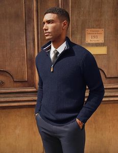 <b>Men's</b> <b>Navy</b> <b>Blue</b> Quarter Zip Knitted Long Sleeve Casual <b>Shirt</b> Stand Collar Solid Color Autumn Wear - Product Image 4