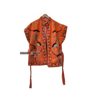 Vestes Sujani orange brodées à la main Broderie traditionnelle indienne Respirant Plus Size doublé de viscose Très beau" - Product Image 2