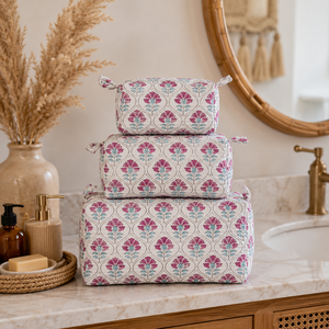 Premium White Pink Jaipur hand block print Cotton Quilted Pouch Set Sustainable non toxic dye Waterproof Daily Use Durable - Product Image 5