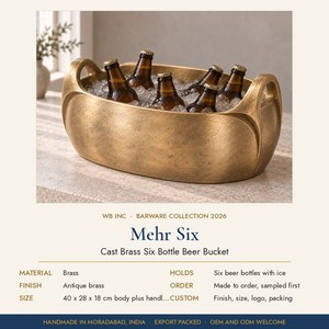 Handgefertigter Antiker Messing-Bierkühler Sechs-Flaschen-Eiskübel Gegossener Messing-Getränkebehälter mit Bogenhenkeln Party-Getränkekühler - Product Image 2
